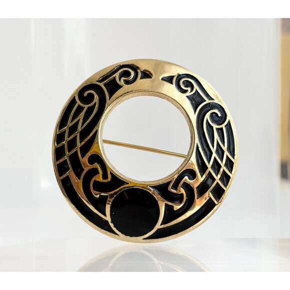 Jewelry - Cloissone Style Celtic Black Enamel XL Gold Toned 90's Vintage Lapel Brooch Pin